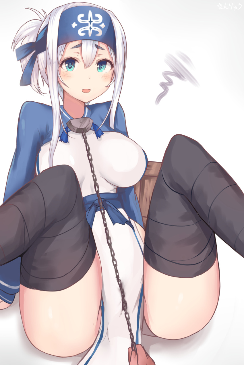 1girl ainu_clothes artist_name black_legwear blue_eyes blush chains folded_ponytail hair_between_eyes hands headband highres kamoi_(kantai_collection) kantai_collection kinryuu open_mouth short_hair solo_focus thick_eyebrows thigh-highs white_background