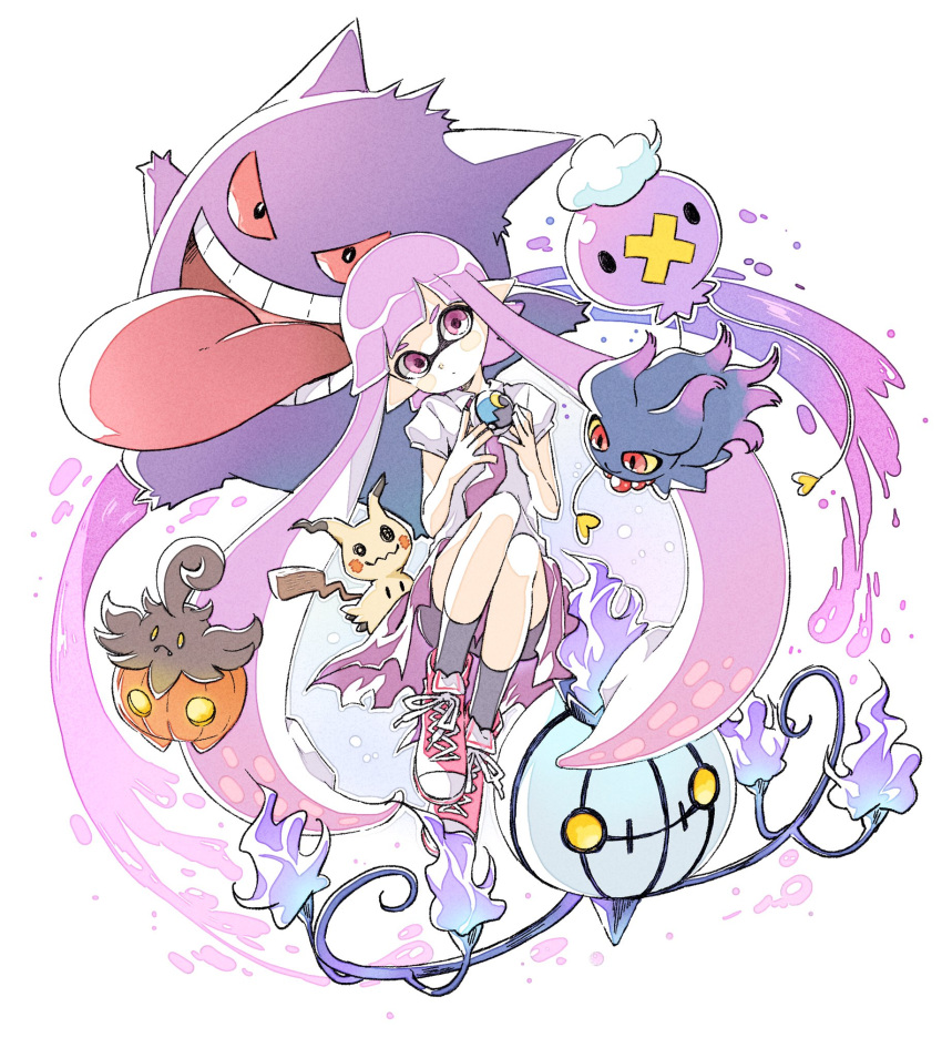 1girl bike_shorts blank_eyes chandelure collared_shirt comamawa converse crossover domino_mask dress drifloon fire full_body gengar hands_up head_tilt highres holding holding_poke_ball inkling knees_up long_hair long_tongue mask mimikyu misdreavus open_clothes open_shirt pointy_ears poke_ball pokemon pokemon_(creature) pumpkaboo purple purple_hair red_eyes red_sclera shirt shoes short_sleeves shorts_under_dress simple_background sneakers splatoon tentacle_hair tongue tongue_out twintails very_long_hair violet_eyes white_background wing_collar yellow_sclera