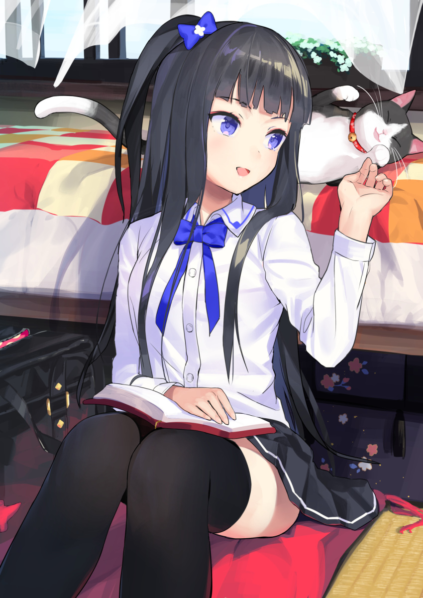 1girl :d bag bag_removed bangs bed bell bell_collar black_hair black_legwear black_skirt blue_bow blue_eyes blue_ribbon blue_sky blunt_bangs book bow breasts cat collar collared_shirt commentary_request curtains dress_shirt eyebrows_visible_through_hair hair_bow highres holding holding_book indoors knees_up long_hair looking_at_another nanotaro neck_ribbon one_side_up open_book open_mouth open_window original pet plant pleated_skirt potted_plant ribbon school_bag school_uniform shirt sitting sitting_on_floor skirt sky small_breasts smile solo thigh-highs white_shirt wind window