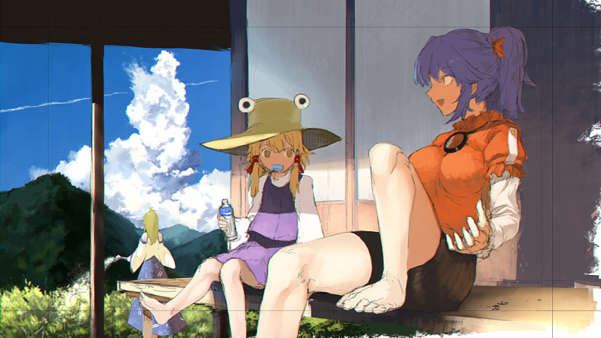 3girls barefoot black_skirt blonde_hair bottle clouds commentary_request day dress food from_behind green_hair hat holding holding_bottle kinketsu kochiya_sanae long_hair moriya_suwako mountain multiple_girls open_mouth outdoors ponytail popsicle purple_hair sitting skirt standing touhou water_bottle