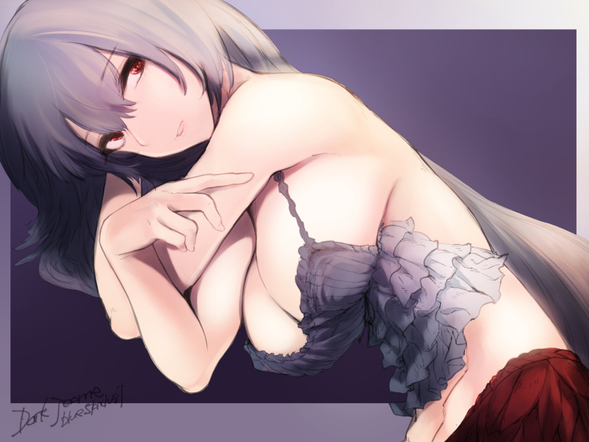1girl alternate_costume artist_name backless_outfit bangs bare_shoulders breasts casual cleavage contemporary crop_top dark_jeanne dark_persona granblue_fantasy hair_ornament highres jeanne_d'arc_(granblue_fantasy) kojima_(blue_stardust) large_breasts leaning_forward lips long_hair looking_at_viewer lying on_side red_eyes serious signature white_hair