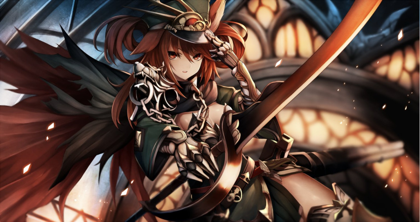 1girl adjusting_clothes adjusting_hat animal_ears armor armored_boots armored_dress bangs belt blurry boots breasts cape chains cleavage cowboy_shot cutlass_(sword) depth_of_field dress foreshortening gauntlets green_dress hair_between_eyes hair_rings hat holding holding_sword holding_weapon inaba_sunimi long_sleeves looking_at_viewer medium_breasts original parted_lips pauldrons red_eyes redhead smile solo swept_bangs sword thigh-highs thigh_boots weapon