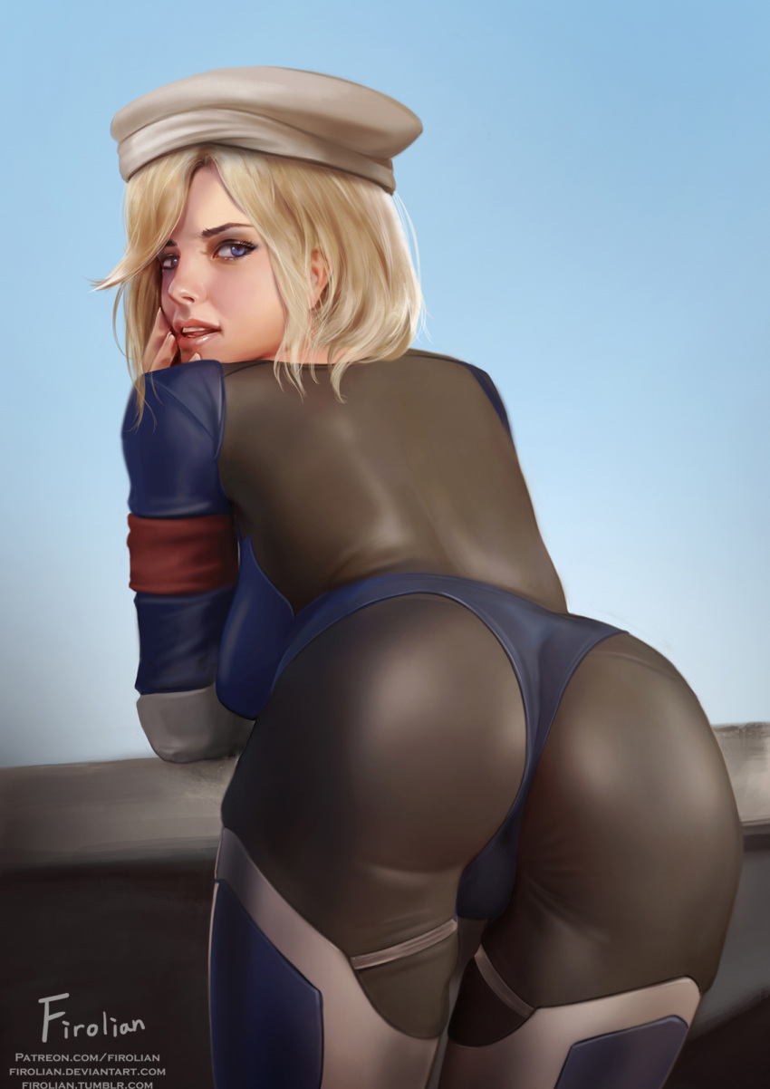 1girl alternate_costume alternate_hairstyle armband artist_name ass bangs bent_over beret blonde_hair blue_bodysuit blue_eyes blue_sky bodysuit combat_medic_ziegler commentary eyeshadow firolian from_behind hand_on_own_face hat highres leaning_forward lips long_sleeves looking_at_viewer looking_back makeup mercy_(overwatch) no_wings nose open_mouth outdoors overwatch pink_lips realistic short_hair signature sky smile solo wall watermark web_address white_hat