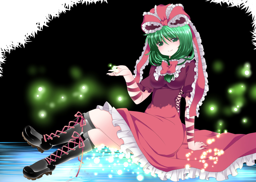 1girl absurdres commentary_request cross-laced_footwear dress front_ponytail green_hair hair_ribbon hammer_(sunset_beach) highres kagiyama_hina long_hair looking_at_viewer red_dress ribbon sitting smile solo touhou