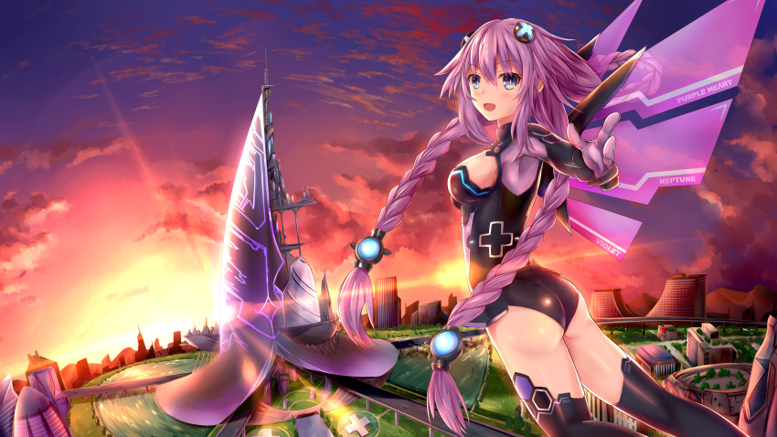 10s 1girl absurdres ass blue_eyes blush braid breasts choujigen_game_neptune cleavage clouds dutch_angle flying hair_ornament highres kami_jigen_game_neptune_v large_breasts long_hair looking_at_viewer muwa12 neptune_(choujigen_game_neptune) neptune_(series) purple_hair purple_heart sky smile solo symbol-shaped_pupils tied_hair twin_braids v very_long_hair