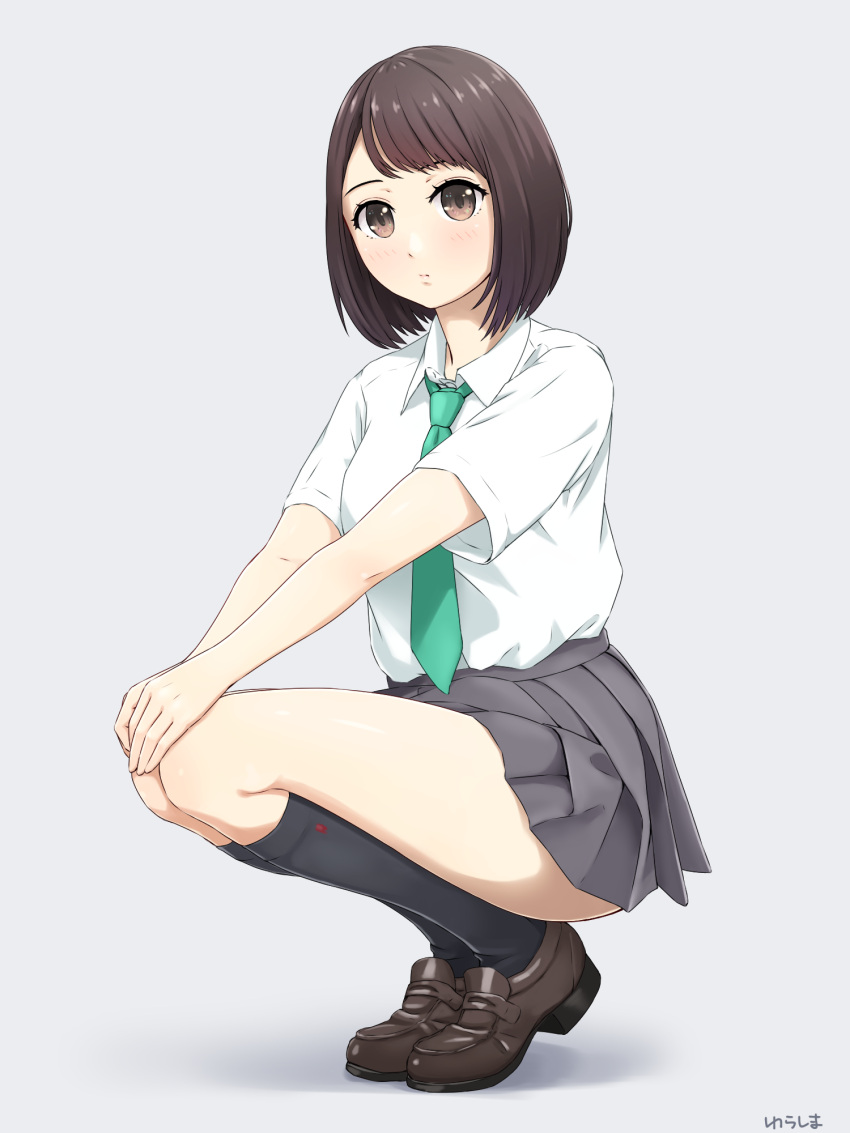 1girl :/ bangs black_legwear blush brown_eyes brown_hair closed_mouth collared_shirt commentary_request expressionless full_body green_necktie grey_background hands_on_own_knees highres kneehighs legs_together loafers long_hair necktie original pleated_skirt school_uniform shirt shoes short_hair short_sleeves simple_background skirt squatting swept_bangs tareme thighs translated white_shirt wing_collar yurashima