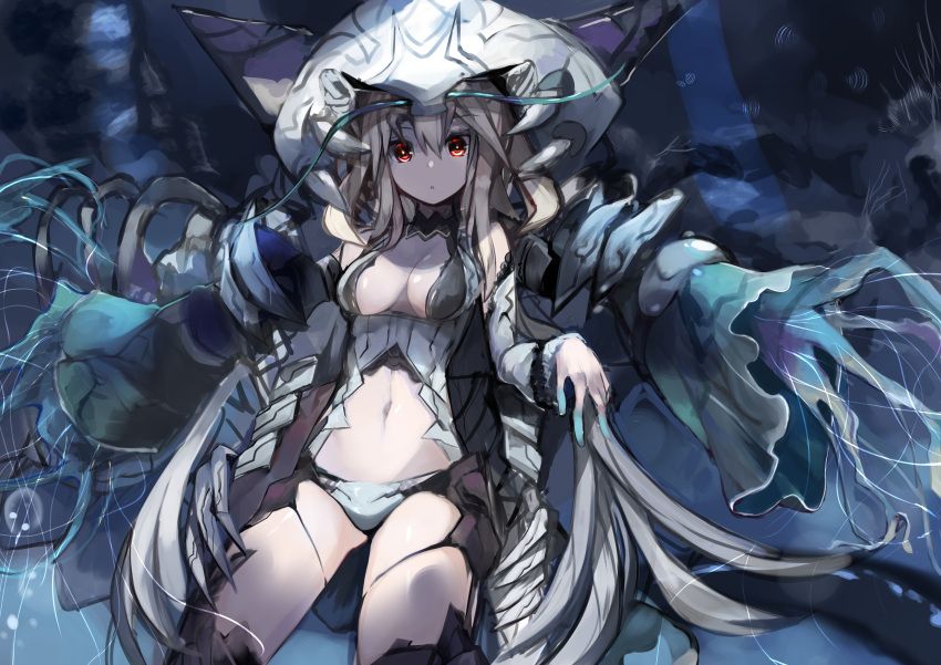 1girl absurdres breasts cleavage detached_sleeves haik highres jellyfish long_hair looking_at_viewer navel original personification red_eyes silver_hair solo thigh-highs