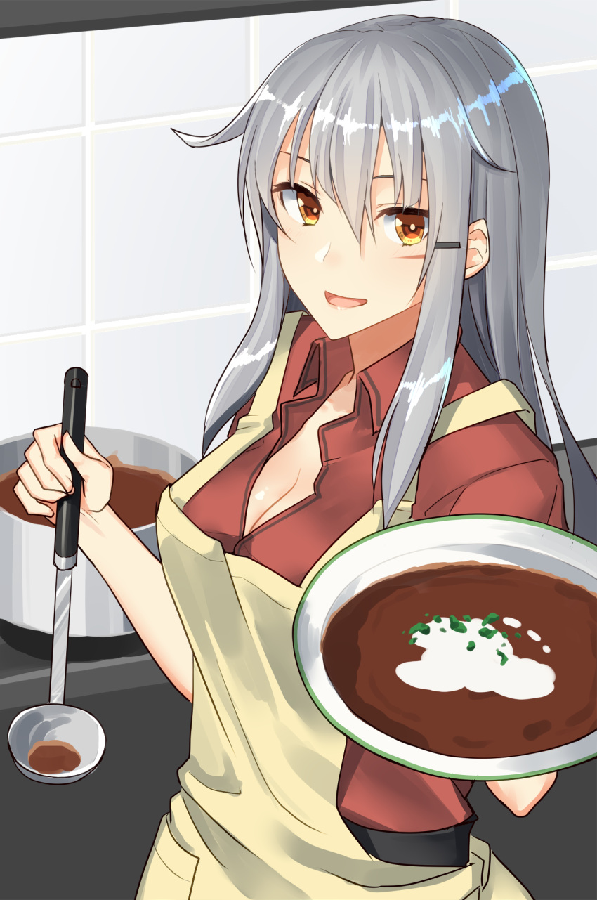 1girl apron black_belt borscht_(food) bowel breasts cleavage commentary_request cooking food gangut_(kantai_collection) hair_between_eyes hair_flaps hair_ornament hairclip highres kantai_collection kitchen ladle large_breasts long_hair looking_at_viewer open_clothes open_mouth open_shirt orange_eyes pallad pot red_shirt scar shiny shiny_hair shirt silver_hair solo tiles