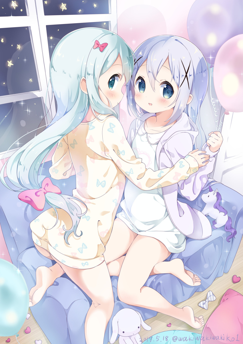 2girls absurdres aqua_eyes balloon bangs bare_legs barefoot blue_eyes blush bow clenched_hand collarbone commentary_request couch crossover cushion dated door eromanga_sensei feet flat_chest frills from_behind gochuumon_wa_usagi_desu_ka? hair_between_eyes hair_bow hair_ornament hairclip heart heart_print highres hood hooded_jacket indoors izumi_sagiri jacket kafuu_chino kneeling lavender_jacket light_blue_hair long_hair long_sleeves looking_at_viewer low-tied_long_hair multiple_girls neki_(wakiko) night nightgown no_panties on_couch open_mouth pajamas parted_lips pink_bow sidelocks silver_hair sitting sky smile soles sparkle star star_(sky) starry_sky string_bikini striped striped_bow stuffed_animal stuffed_bunny stuffed_toy toes twitter_username unicorn very_long_hair wall window wooden_floor x_hair_ornament