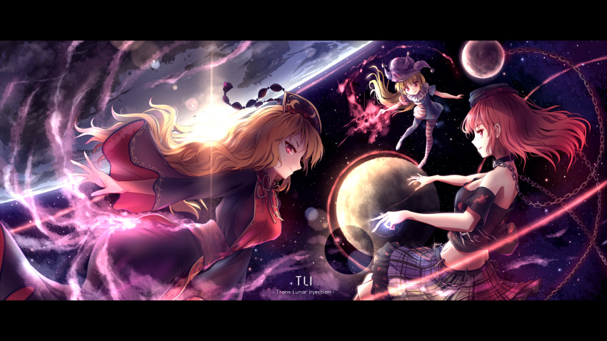 3girls american_flag_dress american_flag_legwear black_dress black_shirt blonde_hair breasts butt_crack chains chinese_clothes clothes_writing clownpiece dress earth fire groin hat hecatia_lapislazuli highres jester_cap junko_(touhou) looking_at_viewer lowleg_skirt medium_breasts miniskirt minust moon_(ornament) multicolored multicolored_clothes multicolored_skirt multiple_girls neck_ruff off-shoulder_shirt pantyhose polka_dot polos_crown red_eyes redhead sash shirt short_dress short_sleeves skirt small_breasts space star star_print striped t-shirt tabard torch touhou