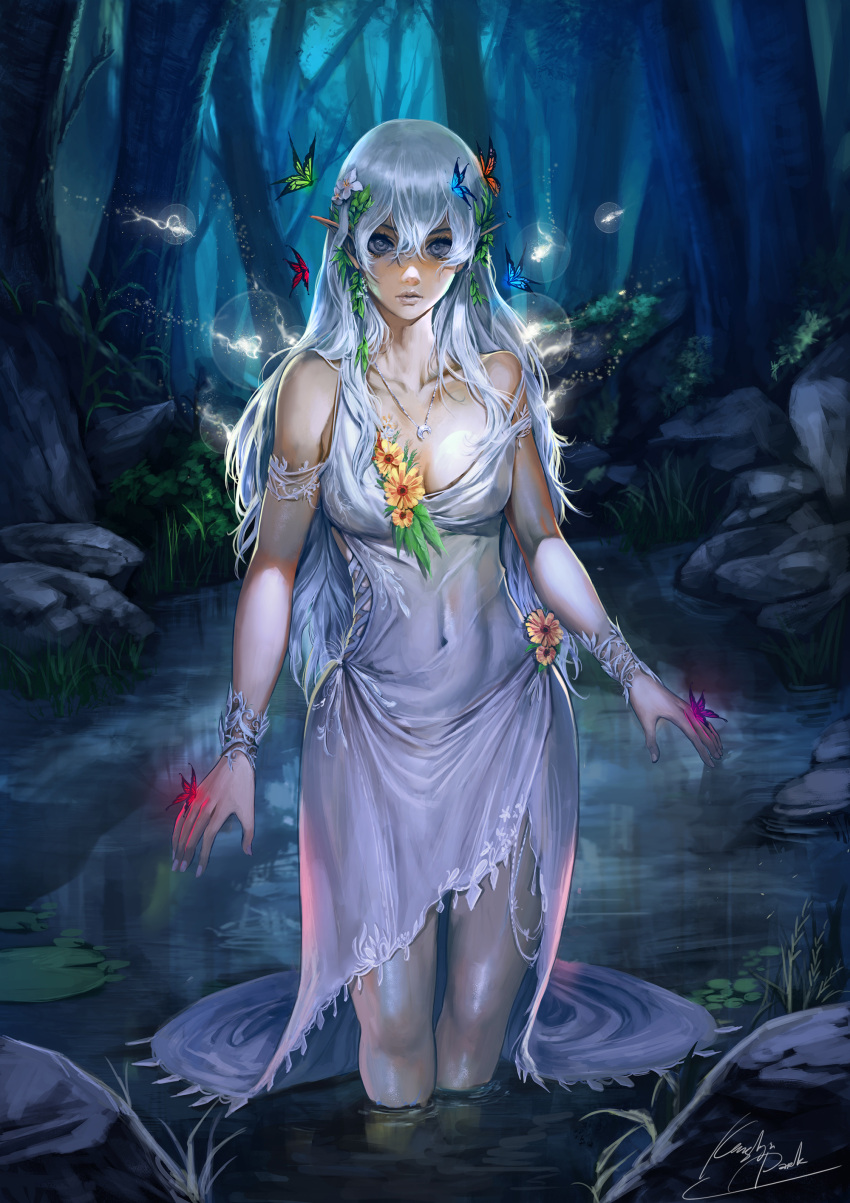 1girl absurdres artist_signature bangs blue_eyes bracer breasts butterfly butterfly_on_hand collarbone covered_navel crescent dress elf expressionless fingernails flower forest glowing_butterfly grey_dress grey_eyes hair_between_eyes hair_flower hair_ornament highres jewelry ken_(kenshjn_park) light_trail lily_pad lips long_dress long_hair looking_at_viewer medium_breasts nature necklace night outdoors pale_skin partially_submerged pendant plant pointy_ears pond rock signature silver_hair sleeveless sleeveless_dress solo standing strap_slip tree wading water wet