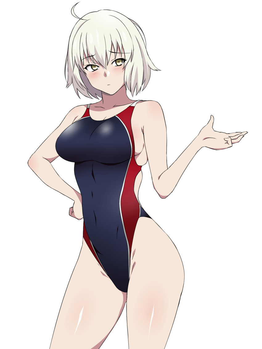 1girl ahoge blue_swimsuit competition_swimsuit fate/grand_order fate_(series) hand_on_hip highleg highleg_swimsuit highres jeanne_alter kagemusha looking_at_viewer one-piece_swimsuit ruler_(fate/apocrypha) short_hair silver_hair simple_background solo swimsuit white_background yellow_eyes