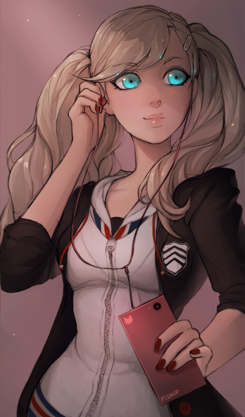 1girl absurdres artist_name black_jacket blonde_hair blue_eyes cellphone closed_mouth hair_ornament hairclip headphones highres holding holding_phone jacket layered_clothing long_hair matilda_vin nail_polish open_clothes open_jacket persona persona_5 phone red_nails smartphone solo takamaki_anne twintails white_jacket zipper zipper_pull_tab