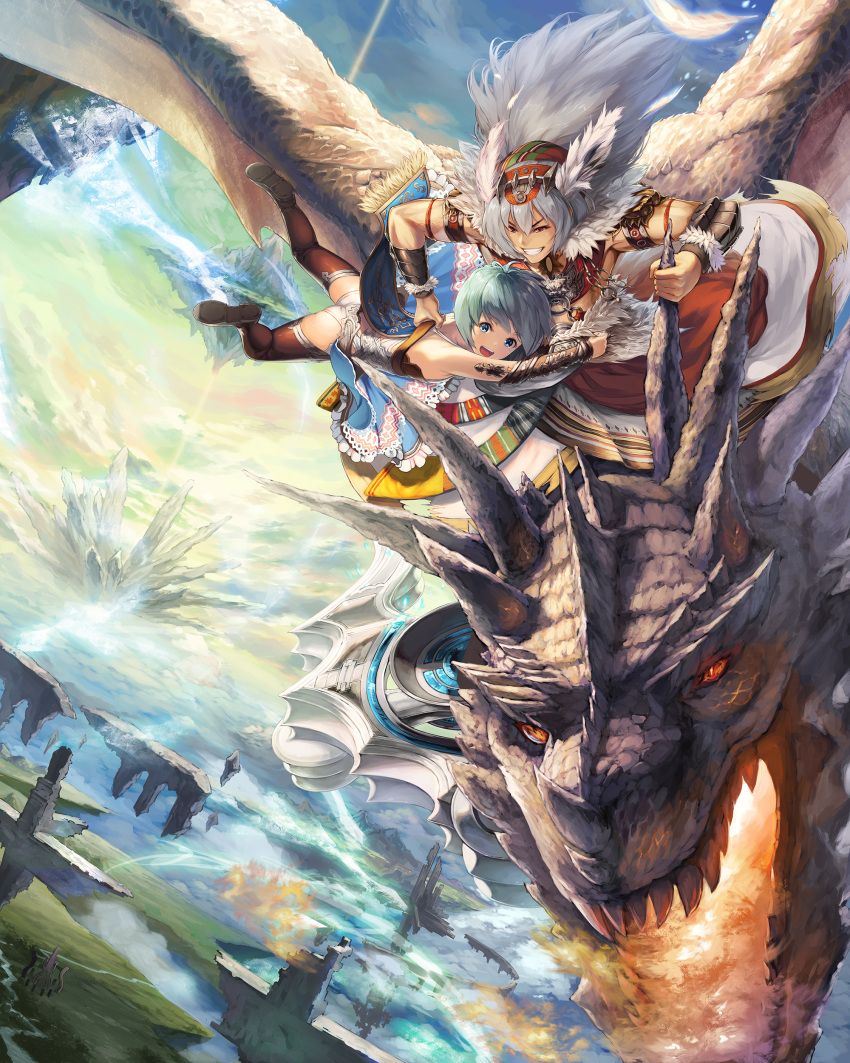 1boy 1girl :d absurdres blue_dress blue_eyes blue_hair blue_sky bracer brown_legwear brown_shoes day dragon dress feathers floating_island flying helmet highres holding long_hair looking_at_viewer open_mouth original outdoors red_eyes shoes short_hair silver_hair sky smile takanori_yamada very_long_hair white_hair wind wind_lift