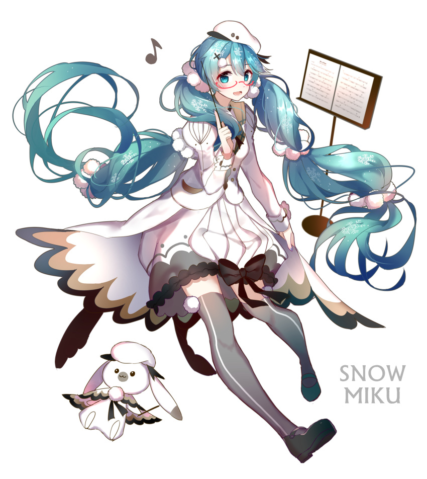 1girl :3 absurdres akira_(ying) aqua_eyes aqua_hair cape character_name full_body glasses hat hatsune_miku highres long_hair looking_at_viewer musical_note open_mouth rabbit sheet_music skirt snowflakes thigh-highs twintails very_long_hair vocaloid yuki_miku yukine_(vocaloid)