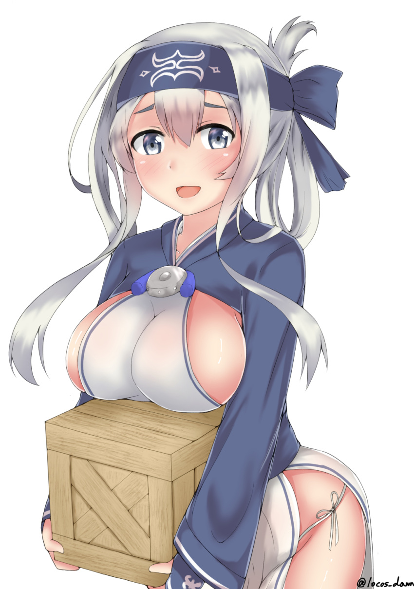 1girl ainu ainu_clothes bandanna blue_eyes breast_rest breasts commentary_request crate cropped_jacket dress folded_ponytail headband highres kamoi_(kantai_collection) kantai_collection large_breasts long_hair long_sleeves looking_at_viewer open_mouth rokosu_(isibasi403) sideboob sidelocks simple_background sleeveless sleeveless_dress solo thick_eyebrows white_background white_dress white_hair