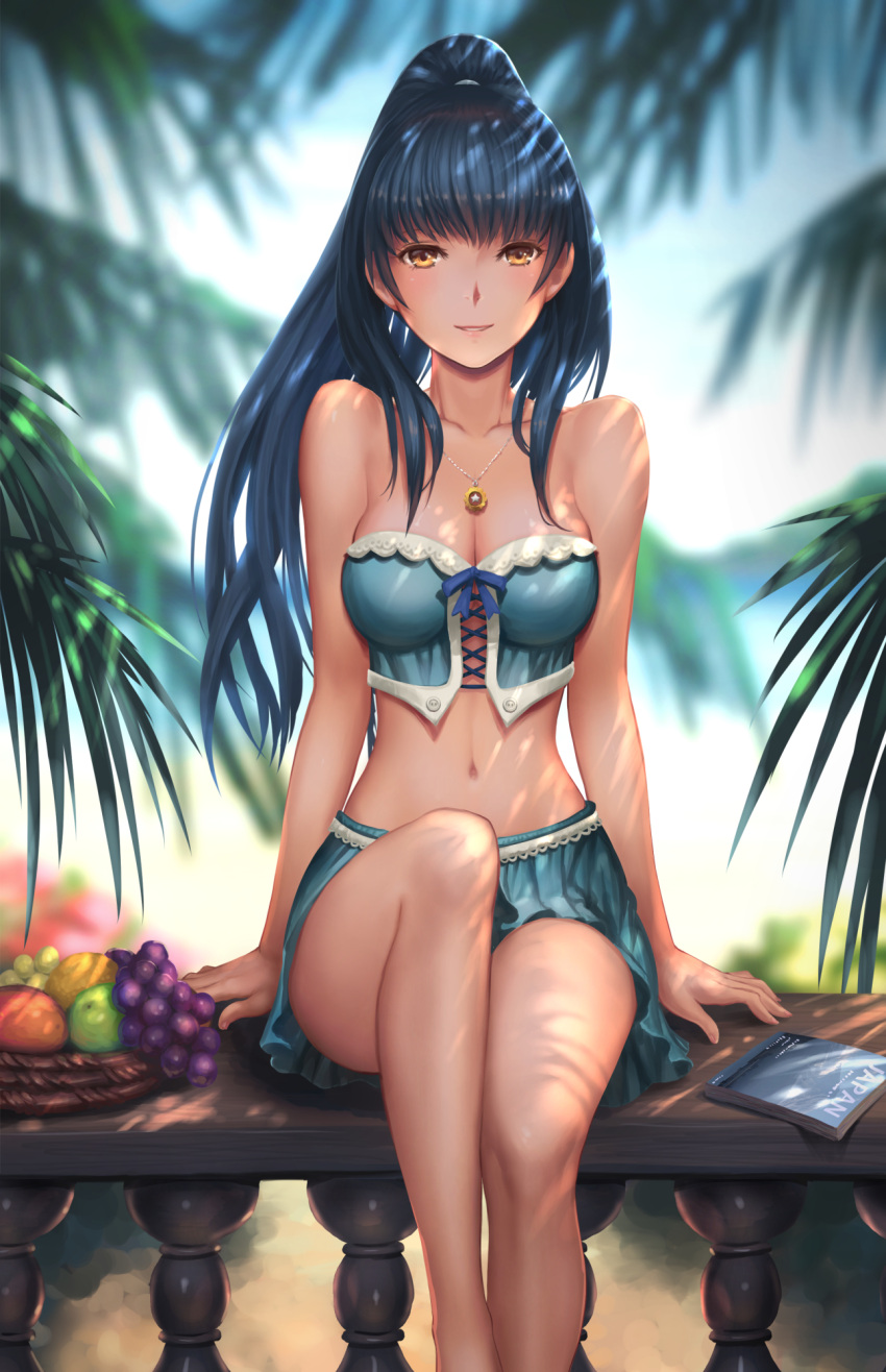 1girl apple arms_at_sides bangs bare_arms bare_shoulders beach black_hair blue_skirt blurry breasts brown_eyes bustier cleavage collarbone dappled_sunlight day depth_of_field fence food fruit grapes green_apple high_ponytail highres jewelry long_hair looking_at_viewer medium_breasts navel necklace original parted_lips sitting_on_fence skirt smile solo stomach sunlight youbou