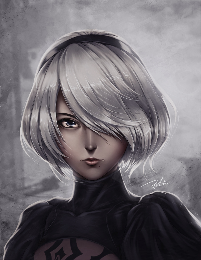 1girl absurdres black_blindfold black_dress black_hairband blue_eyes cleavage_cutout covered_collarbone covered_eye dress eyelashes hair_over_one_eye hairband highres juliet_sleeves lips long_sleeves looking_at_viewer mole mole_under_mouth nier_(series) nier_automata no_blindfold puffy_sleeves shiny shiny_hair short_hair signature silver_hair solo tingzuo_liu turtleneck turtleneck_dress upper_body yorha_no._2_type_b