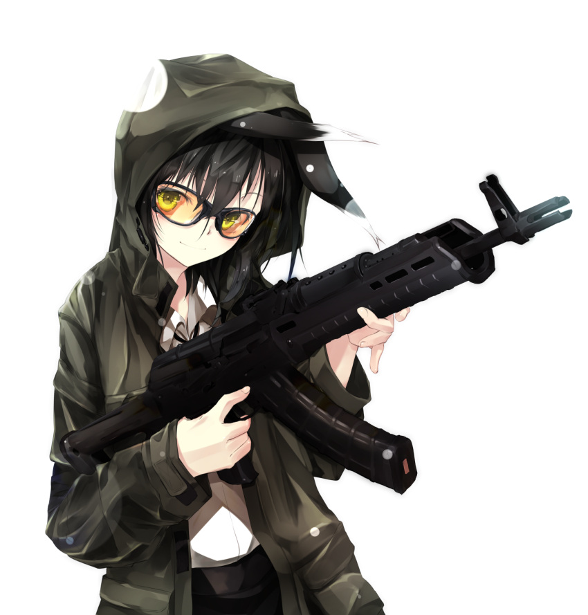 1girl ak-47 animal_ears assault_rifle black_hair gorilla_(bun0615) green_jacket gun highres hood hoodie jacket original rabbit_ears rifle short_hair smile solo sunglasses tagme trigger_discipline weapon white_background yellow_eyes