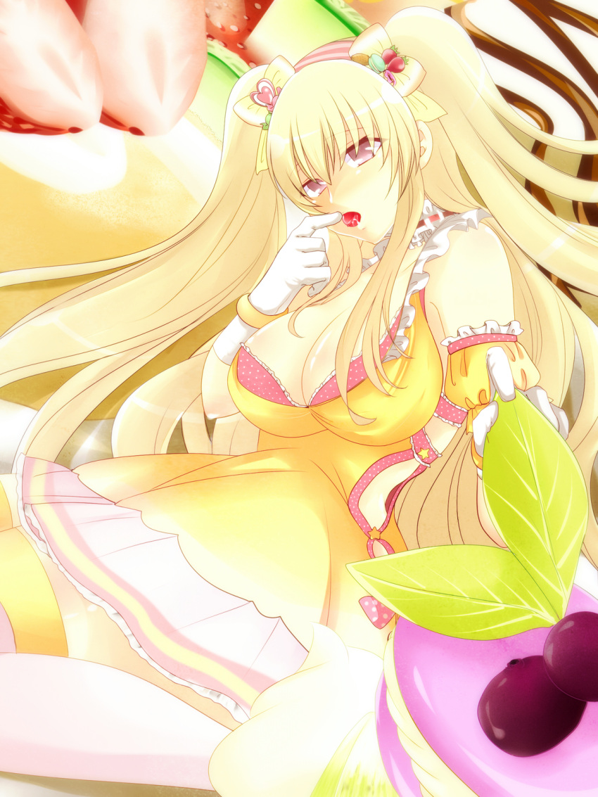 1girl alternate_costume alternate_hairstyle bangs bare_shoulders blonde_hair blush bow breasts cake chirikuzuriku chocolate choker cleavage detached_sleeves dress food food_in_mouth food_themed_hair_ornament frilled_choker frills from_side fruit gloves grapes hair_bow hair_ornament highres large_breasts leaf leo_(senran_kagura) long_hair looking_at_viewer looking_to_the_side macaron macaron_hair_ornament pink_eyes puffy_short_sleeves puffy_sleeves senran_kagura_(series) senran_kagura_new_wave short_sleeves sidelocks solo strawberry strawberry_hair_ornament very_long_hair white_gloves yellow_dress