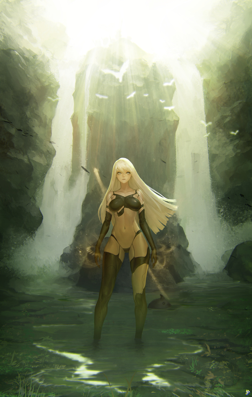 1girl android bird black_gloves breasts elbow_gloves gloves highres instant_ip long_hair looking_at_viewer navel nier_(series) nier_automata silver_hair solo stomach water waterfall yorha_type_a_no._2