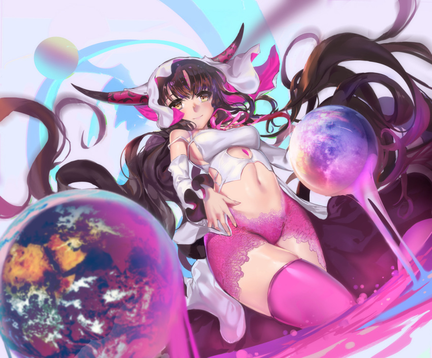 1girl bangs black_hair blush boyshorts breasts brown_eyes brown_hair closed_mouth crop_top detached_sleeves dutch_angle eyebrows_visible_through_hair fate/extra fate/extra_ccc fate_(series) fisheye floating_hair from_below globe horns lace light_smile long_hair looking_at_viewer medium_breasts midriff navel parted_bangs purple_legwear rabbit_(tukenitian) sesshouin_kiara solo thigh-highs thighs veil very_long_hair wading