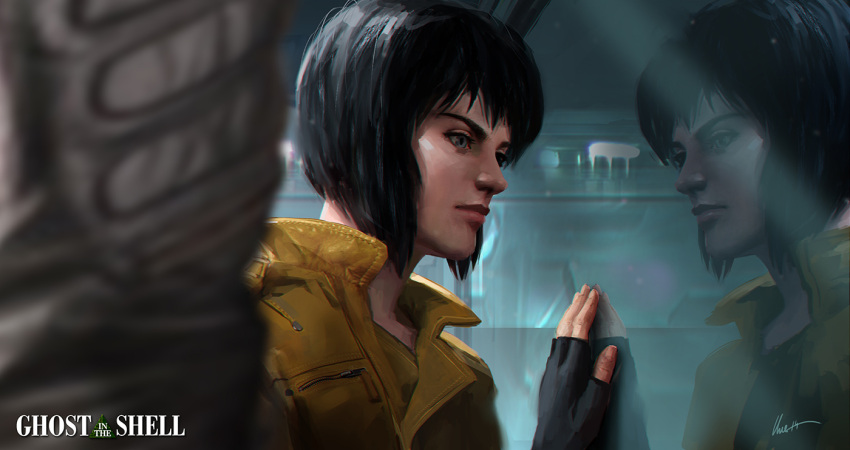 1girl albert_urmanov black_hair blue_eyes blue_hair cyberpunk fingerless_gloves ghost_in_the_shell gloves jacket kusanagi_motoko logo realistic reflection science_fiction signature window