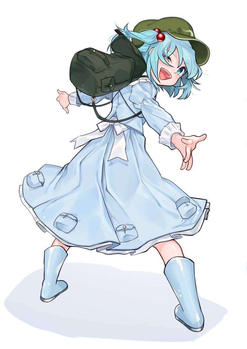1girl backpack bag blue_boots blue_eyes blue_hair blue_skirt boots full_body gotoh510 green_hat hair_bobbles hair_ornament hat highres kawashiro_nitori long_sleeves looking_at_viewer looking_back one_eye_closed open_mouth outstretched_arms rubber_boots sash simple_background skirt skirt_set smile solo standing teeth touhou two_side_up white_background