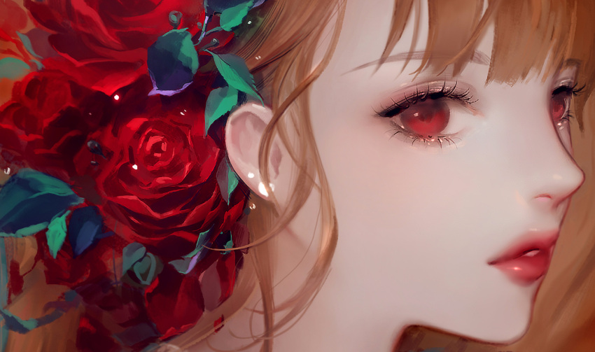 1girl dadachyo eyelashes face flower hair_flower hair_ornament lips looking_at_viewer nose orange_hair original portrait red_eyes red_lips red_rose rose solo