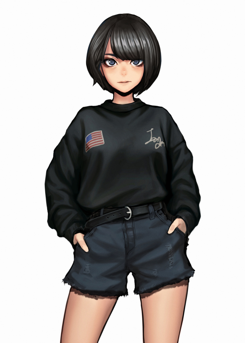 1girl :| american_flag belt black_hair black_shirt black_shorts blue_eyes closed_mouth clothes_writing contrapposto cutoffs hands_in_pockets highres jungon_kim long_sleeves loose_shirt original patch shirt short_hair shorts simple_background solo white_background