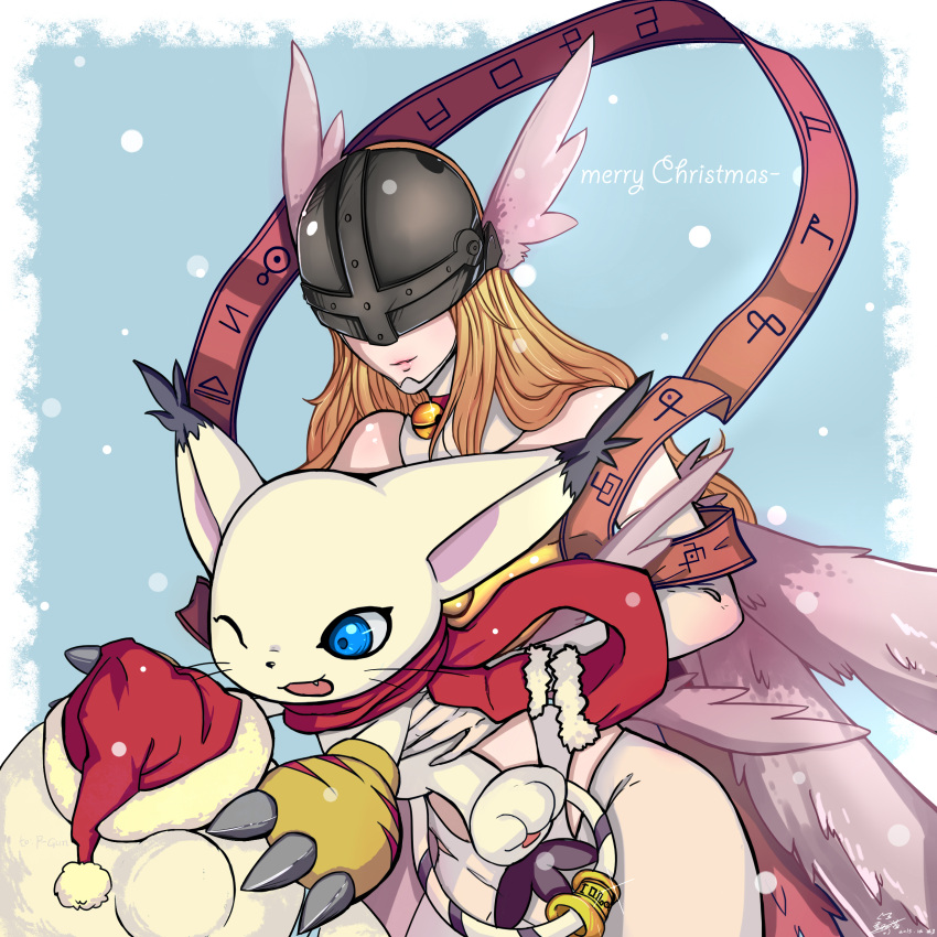 1girl absurdres angel_wings angewomon artist_request asymmetrical_clothes bare_shoulders blonde_hair blue_eyes cat choker claws creature digimon digimon_adventure gloves hat head_wings helmet highres jewelry long_hair multiple_wings no_humans print_gloves red_scarf ribbon ring santa_hat scarf smile snow tailmon thigh_strap wings yellow_gloves