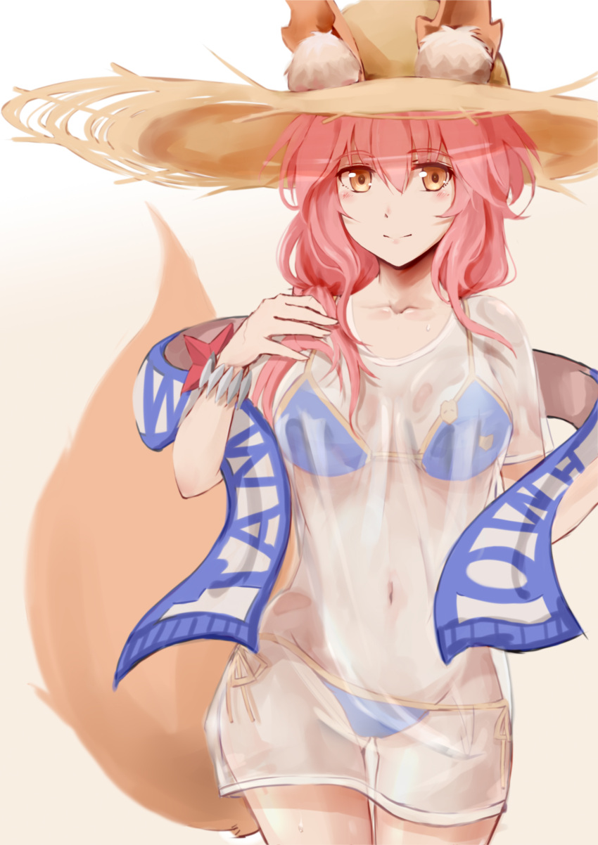 1girl absurdres animal_ears bangs beige_background bikini bikini_under_clothes blue_bikini blush bracelet breasts brown_eyes cleavage cowboy_shot fate/grand_order fate_(series) fox_ears fox_tail hand_up hat highres jewelry large_breasts long_hair looking_at_viewer nantiao_diudiu navel no_pants pink_hair see-through shawl shirt short_sleeves side-tie_bikini smile solo straw_hat string_bikini swimsuit tail tamamo_(fate)_(all) tamamo_no_mae_(swimsuit_lancer)_(fate) thigh_gap wet wet_clothes white_shirt yellow_eyes