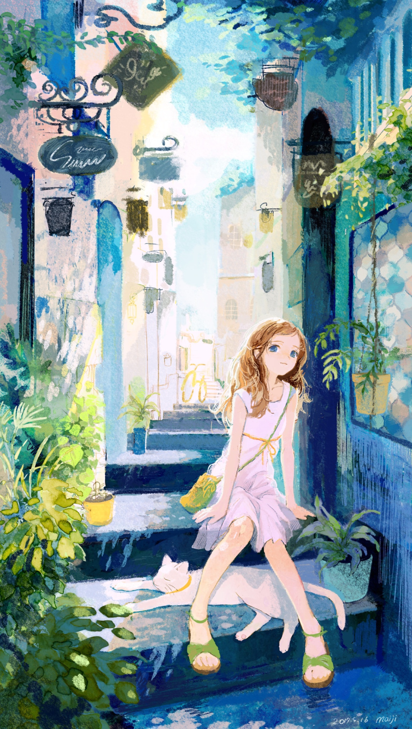 1girl arm_support artist_name bag blue_eyes brown_hair building cat closed_mouth commentary_request dated day dress green_shoes highres leaf light_smile long_hair looking_at_viewer maij no_pupils original outdoors plant potted_plant sandals shoes shoulder_bag sign sitting sitting_on_stairs sleeveless sleeveless_dress smile solo stairs storefront sunlight white_cat white_dress window