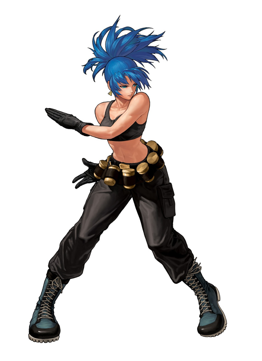1girl bare_shoulders black_gloves blue_eyes blue_hair boots closed_mouth crop_top cross-laced_footwear earrings eisuke_ogura explosive female fighting_stance full_body gloves green_eyes grenade high_ponytail highres jewelry king_of_fighters king_of_fighters_xii kof_12 lace-up_boots leona_heidern looking_away looking_to_the_side midriff military navel official_art ogura_eisuke pants ponytail simple_background sleeveless snk solo tank_top white_background