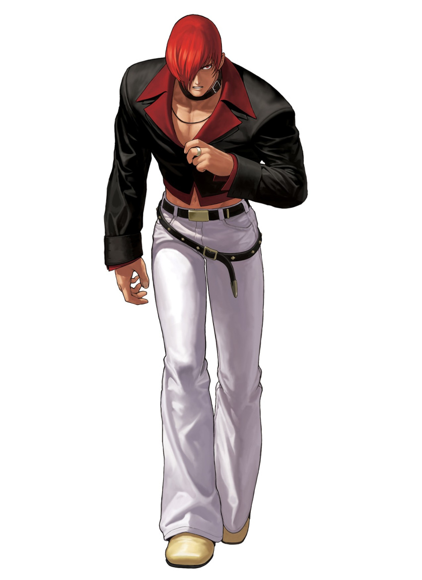 choker eisuke_ogura hair_over_one_eye highres jewelry king_of_fighters king_of_fighters_xii kof_12 midriff navel official_art ogura_eisuke red_hair ring snk yagami_iori