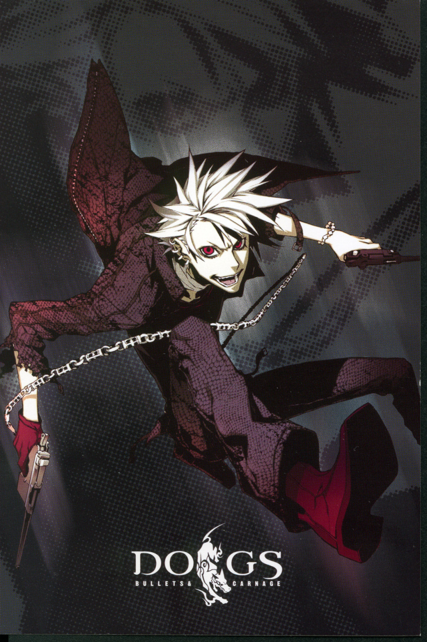 chain chains dogs:_bullets_&amp;_carnage dogs_(manga) earrings gloves gun haine_rammsteiner highres jewelry male miwa_shirou miwa_shirow official_art red_eyes weapon white_hair