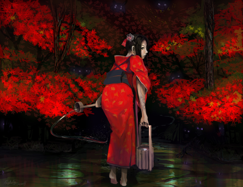black_hair japanese_clothes kimono kyan-dog leaf leaves looking_back monster monsters original red standing tattoo tattoos watering_can