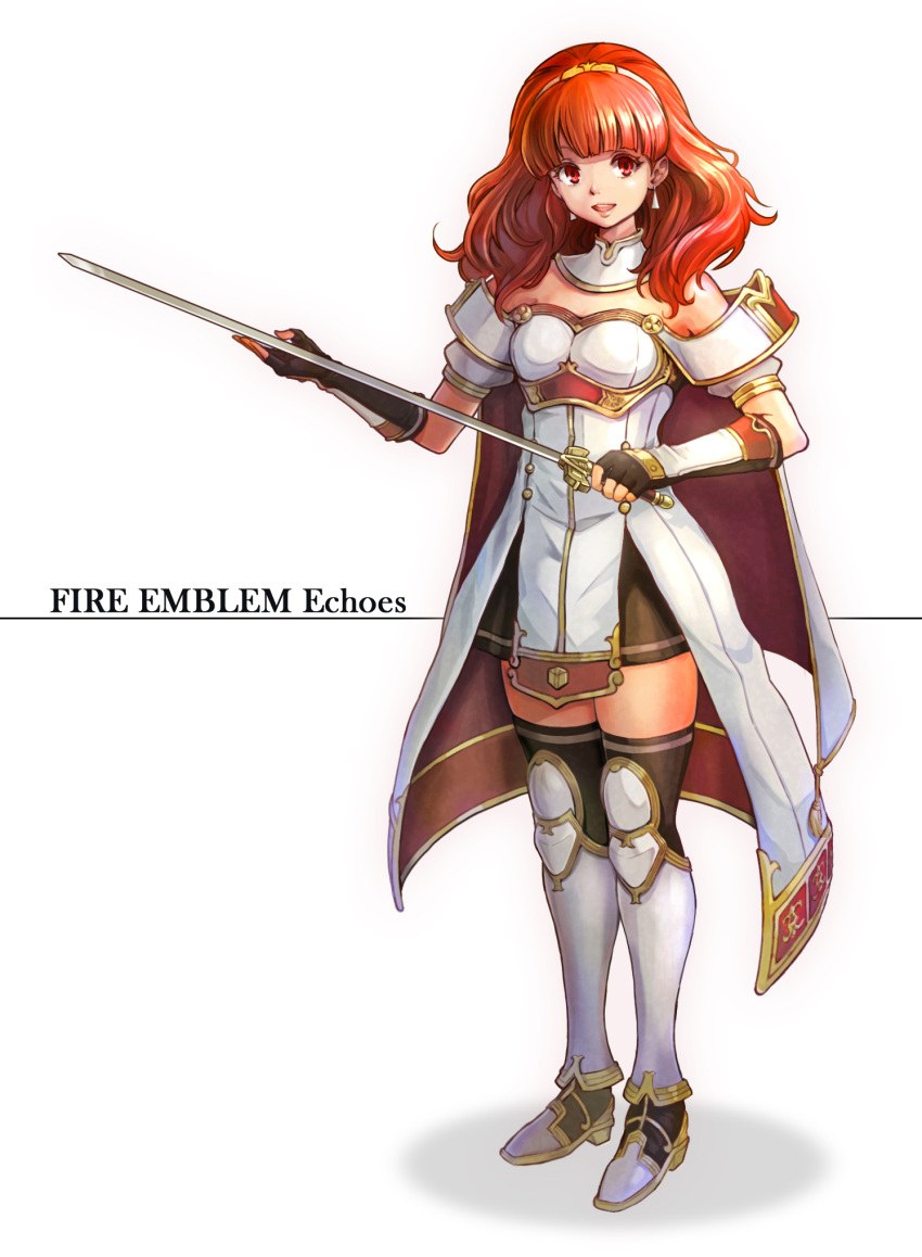 1girl arm_guards armor bangs black_legwear breastplate cape celica_(fire_emblem) detached_collar dress earrings fingerless_gloves fire_emblem fire_emblem_echoes:_mou_hitori_no_eiyuuou fire_emblem_heroes full_body gloves hair_ornament highres jewelry long_hair looking_at_viewer red_eyes redhead simple_background solo sword thigh-highs tiara umipro weapon zettai_ryouiki