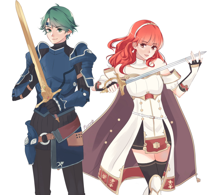 1boy 1girl alm_(fire_emblem) arm_guards armor bangs black_legwear breastplate cape celica_(fire_emblem) circlet detached_collar dress earrings fingerless_gloves fire_emblem fire_emblem_echoes:_mou_hitori_no_eiyuuou fire_emblem_heroes gloves green_eyes green_hair hair_ornament highres jewelry long_hair looking_at_viewer nana_(mizukas) red_eyes redhead simple_background smile solo sword thigh-highs tiara weapon zettai_ryouiki