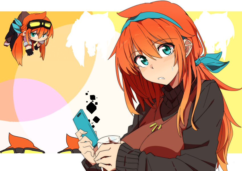 1girl ahegao amano_tora bangs blue_eyes blush breasts cellphone chibi eyebrows_visible_through_hair glass goggles goggles_on_head hair_between_eyes highres jewelry kazenoko long_hair looking_at_viewer necklace open_mouth orange_hair original phone smartphone solo sweater turtleneck