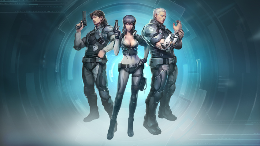 1girl 2boys arm_cannon armor backlighting batou belt black_gloves body_armor bodysuit boots breasts brown_hair bulletproof_vest cleavage closed_mouth collarbone covered_navel cyberpunk cyborg fingerless_gloves full_body ghost_in_the_shell ghost_in_the_shell_stand_alone_complex gloves gun hand_on_hip handgun holding holding_gun holding_weapon holster knee_pads kusanagi_motoko looking_at_viewer mateba_model_6_unica medium_breasts mullet multiple_boys muscle pistol pouch purple_hair realistic revolver science_fiction serious short_hair shoulder_pads silver_hair skin_tight standing tataar thigh_strap togusa underbust vest weapon