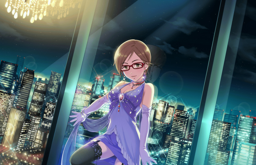 1girl against_glass aikawa_chinatsu arm_support artist_request bangle bangs black_legwear bracelet brooch brown_eyes brown_hair buttons chandelier choker city cityscape clouds cloudy_sky collarbone crystal_earrings dress dutch_angle earrings elbow_gloves eyebrows_visible_through_hair eyelashes fishnet_legwear fishnets formal garter_straps gem glasses glint gloves glowing halter_dress halterneck head_tilt holding holding_sash idolmaster idolmaster_cinderella_girls idolmaster_cinderella_girls_starlight_stage jewelry knee_up lace lace-trimmed_thighhighs leaning_back light light_particles looking_at_viewer night night_sky official_art outstretched_arms outstretched_hand parted_bangs parted_lips pendant purple_dress purple_gloves red-framed_eyewear reflection sash short_hair sky skyline solo sparkle standing standing_on_one_leg star_(sky) starry_sky thigh-highs