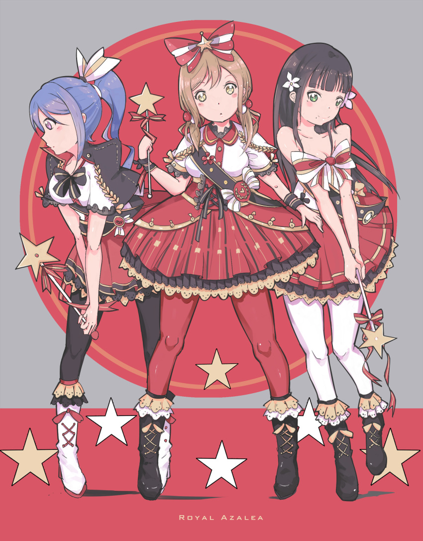 3girls absurdres alternate_hairstyle azalea_(love_live!) bangs black_boots black_hair black_legwear blue_hair blunt_bangs blush boots bow bowtie breasts brown_hair cleavage corset cross-laced_clothes flower frilled_boots frilled_skirt frills full_body green_eyes hair_bobbles hair_bow hair_flower hair_ornament high-waist_skirt highres kunikida_hanamaru kurosawa_dia lace lace-trimmed_skirt love_live! love_live!_sunshine!! matsuura_kanan mole mole_under_mouth multiple_girls pantyhose ponytail qianqian red_legwear short_sleeves skirt smile standing star strapless striped striped_bow striped_bowtie twintails violet_eyes wand white_boots white_legwear yellow_eyes