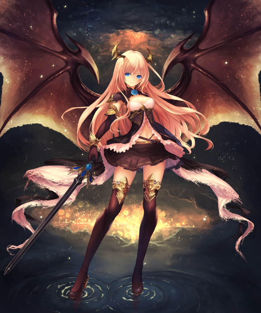 1girl armor aruku_(a857664455590) bangs belt black_gloves black_legwear black_shoes black_skirt blonde_hair blue_eyes blue_rose blurry bokeh breasts cleavage cleavage_cutout closed_mouth depth_of_field dot_nose dragon_girl dragon_horns dragon_wings elbow_gloves eyebrows_visible_through_hair fantasy flower frilled_shirt frills full_body gloves hair_between_eyes high_heels highres holding holding_sword holding_weapon horns large_wings light_smile long_hair looking_at_viewer medium_breasts midriff navel_cutout night original outdoors pleated_skirt pumps rose shirt shoes sidelocks skirt solo standing standing_on_liquid sword thigh-highs water weapon wings zettai_ryouiki