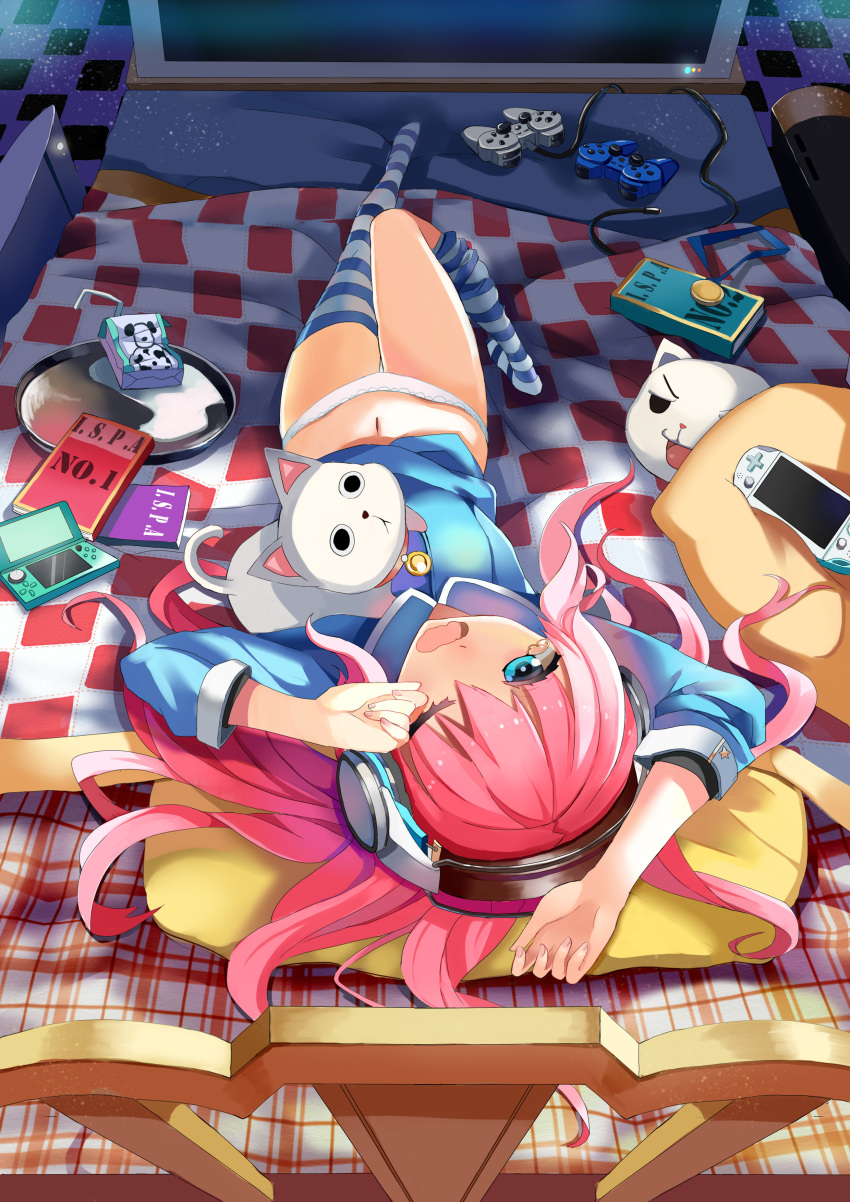 1girl absurdres blue_eyes blue_shirt book copyright_request drinking_straw from_above from_behind handheld_game_console headphones highres long_hair lying medal milk_carton navel nintendo_ds no_pants on_back on_bed one_eye_closed open_mouth panties pink_hair playstation_controller playstation_vita qihai_lunpo rubbing_eyes shirt solo spilled_milk striped striped_legwear stuffed_animal stuffed_cat stuffed_toy tears television thigh-highs tile_floor tiles tray underwear white_panties