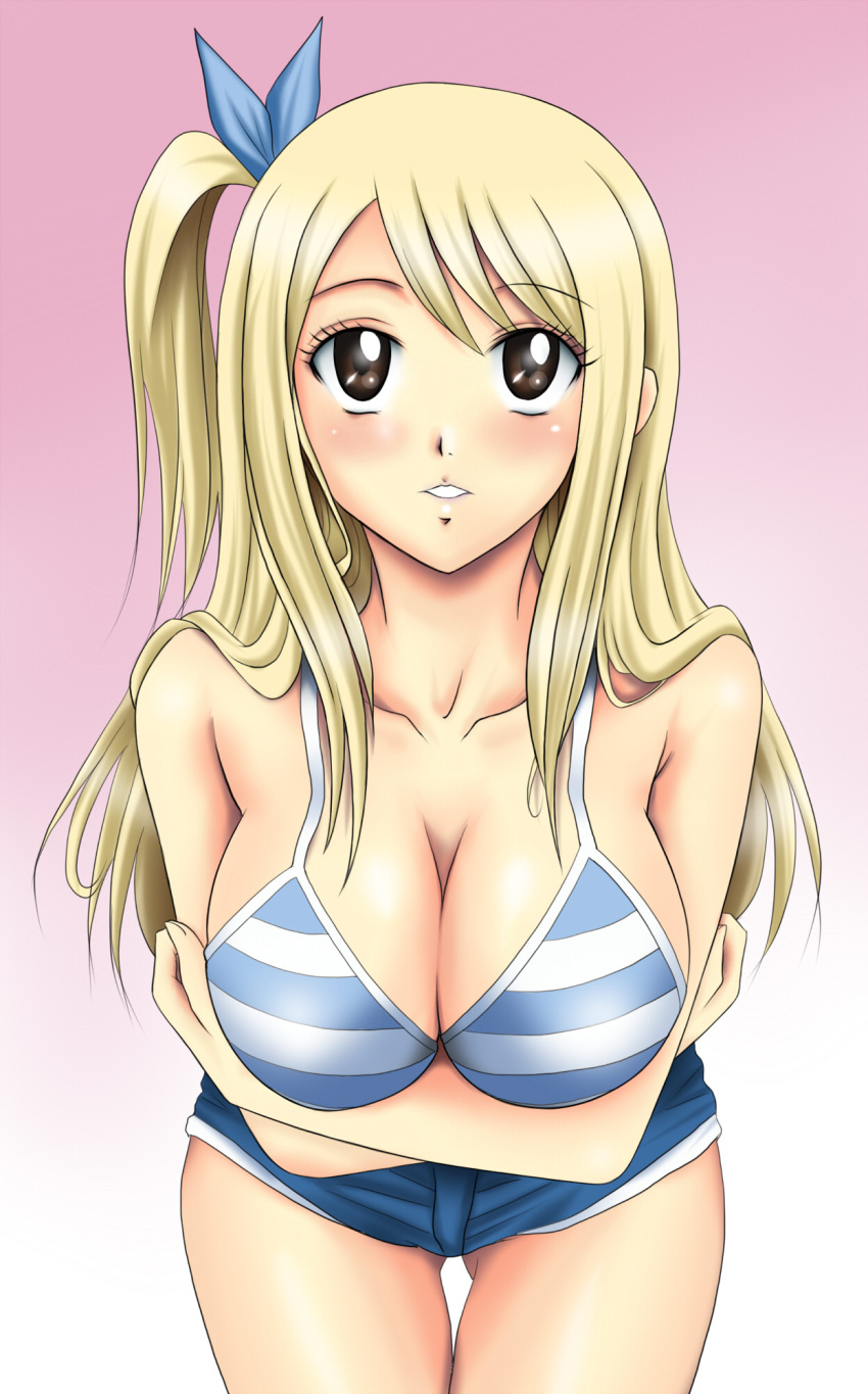 1girl arms_under_breasts blonde_hair breasts cleavage collarbone fairy_tail highres large_breasts long_hair looking_at_viewer lucy_heartfilia pink_background solo soukichi thigh_gap