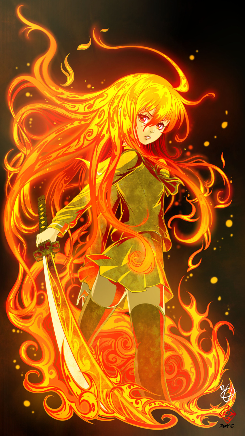 1girl absurdres black_background black_legwear embers flaming_hair from_behind green_serafuku green_shirt green_skirt hair_between_eyes highres holding holding_sword holding_weapon long_hair long_sleeves looking_back orange_hair parted_lips school_uniform serafuku shakugan_no_shana shana shirt signature skirt solo sword tete_(amakuchichiyoko) thigh-highs very_long_hair weapon