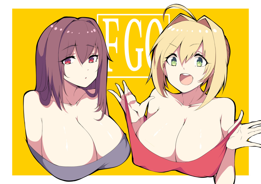 2girls absurdres ahoge bare_shoulders blonde_hair blush breasts cleavage collarbone copyright_name fate/extra fate/grand_order fate_(series) funaya_(a2brasd) green_eyes hair_intakes highres huge_breasts long_hair multiple_girls open_mouth outside_border purple_hair red_eyes saber_extra scathach_(fate/grand_order) short_hair smile strap_pull upper_body white_border yellow_background