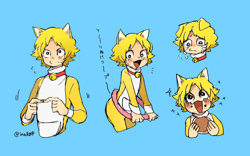 1boy animal_ears blonde_hair blue_background cat_ears character_sheet doraemon doraemon_(character) dorayaki food highres hoop inahara jumpsuit male_focus personification pocket sad simple_background solo sparkle twiddling_fingers wagashi whisker_markings