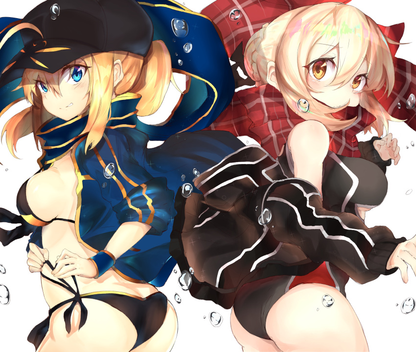 2girls absurdres ahoge ass bangs baseball_cap bikini black_bikini black_scarf black_swimsuit blonde_hair blue_eyes blush braid breasts brown_eyes bubble commentary_request competition_swimsuit cowboy_shot fate/grand_order fate_(series) french_braid from_side grin hair_between_eyes hair_bun hand_up hat heroine_x heroine_x_(alter) highres hood hooded_jacket jacket long_hair looking_at_viewer looking_back medium_breasts multiple_girls one-piece_swimsuit open_clothes open_jacket open_track_jacket parted_lips plaid plaid_scarf ponytail ranf red_scarf rojiura_satsuki_:_chapter_heroine_sanctuary saber scarf side-tie_bikini sideboob sidelocks simple_background sleeves_past_wrists sleeves_rolled_up smile swimsuit tying water_drop white_background